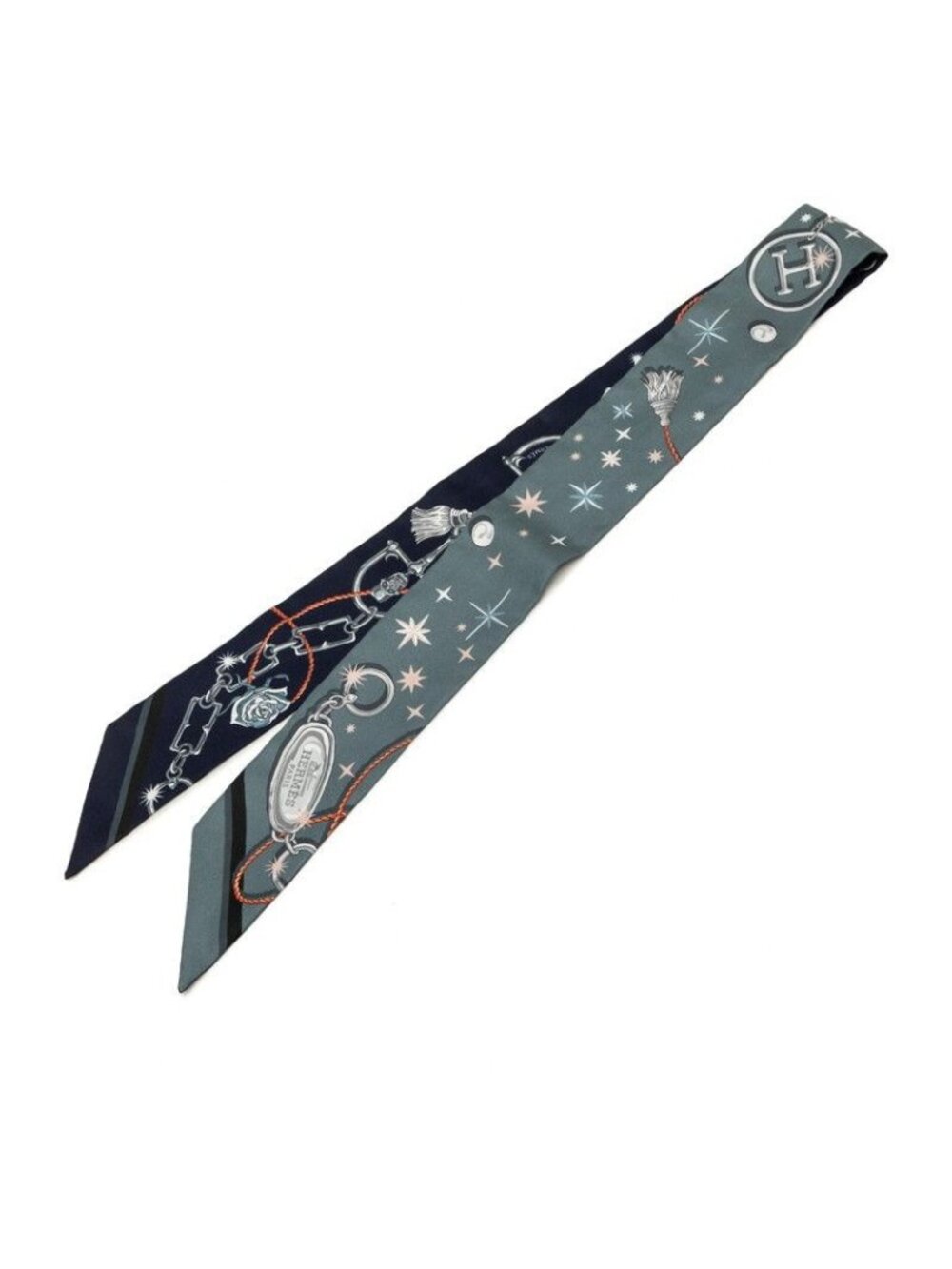 Hermes Twilly C'est la Fete Scarf Gray Navy Silk